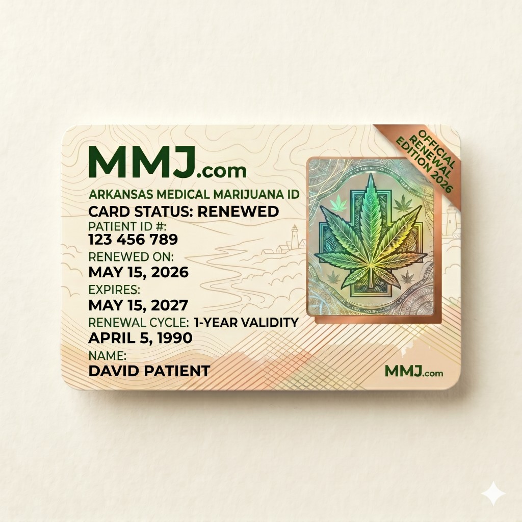 Sample illustration: Arkansas medical marijuana card renewal issued by ADH Sample illustration: Arkansas medical marijuana card renewal issued by ADH