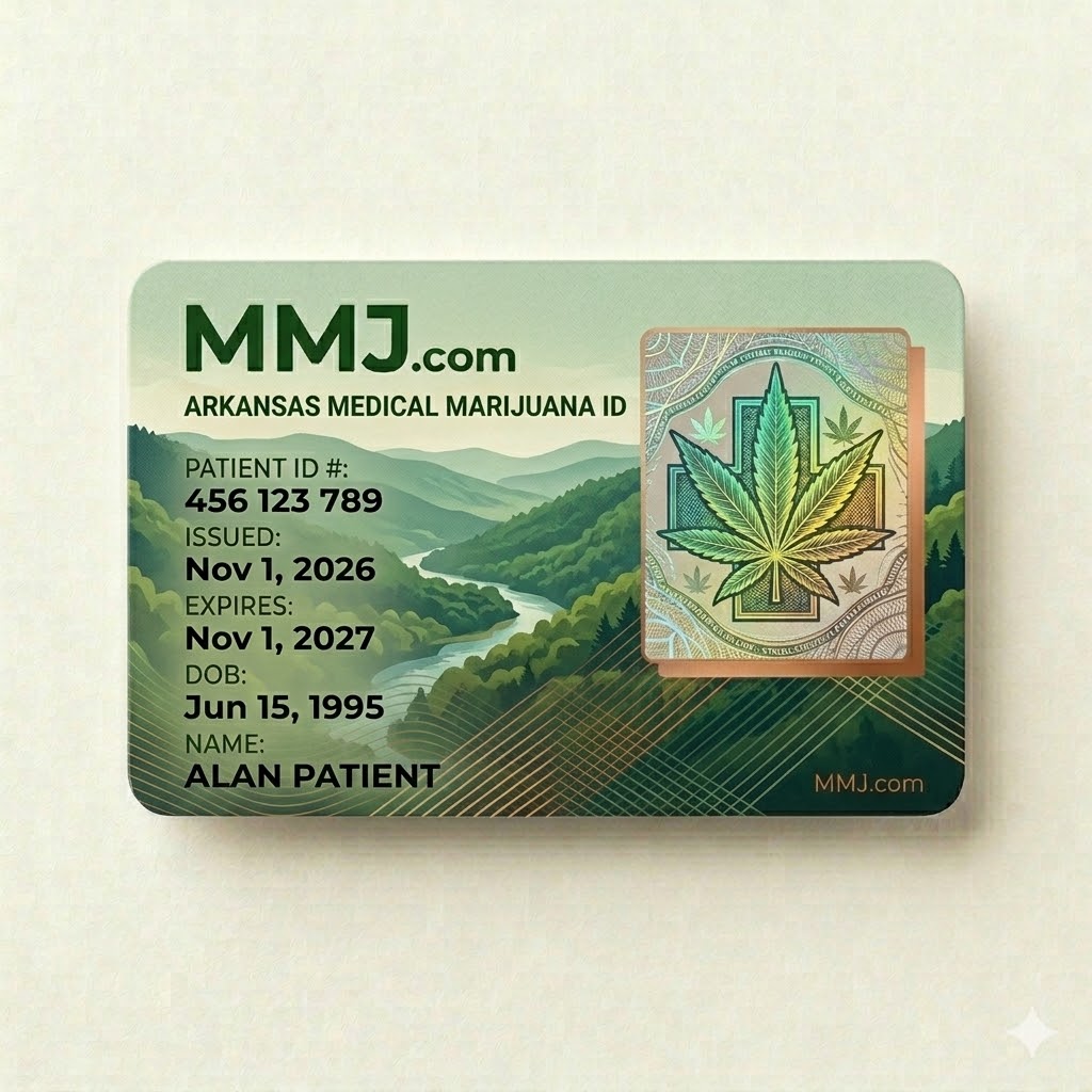Sample illustration: Arkansas medical marijuana card issued by ADH Sample illustration: Arkansas medical marijuana card issued by ADH