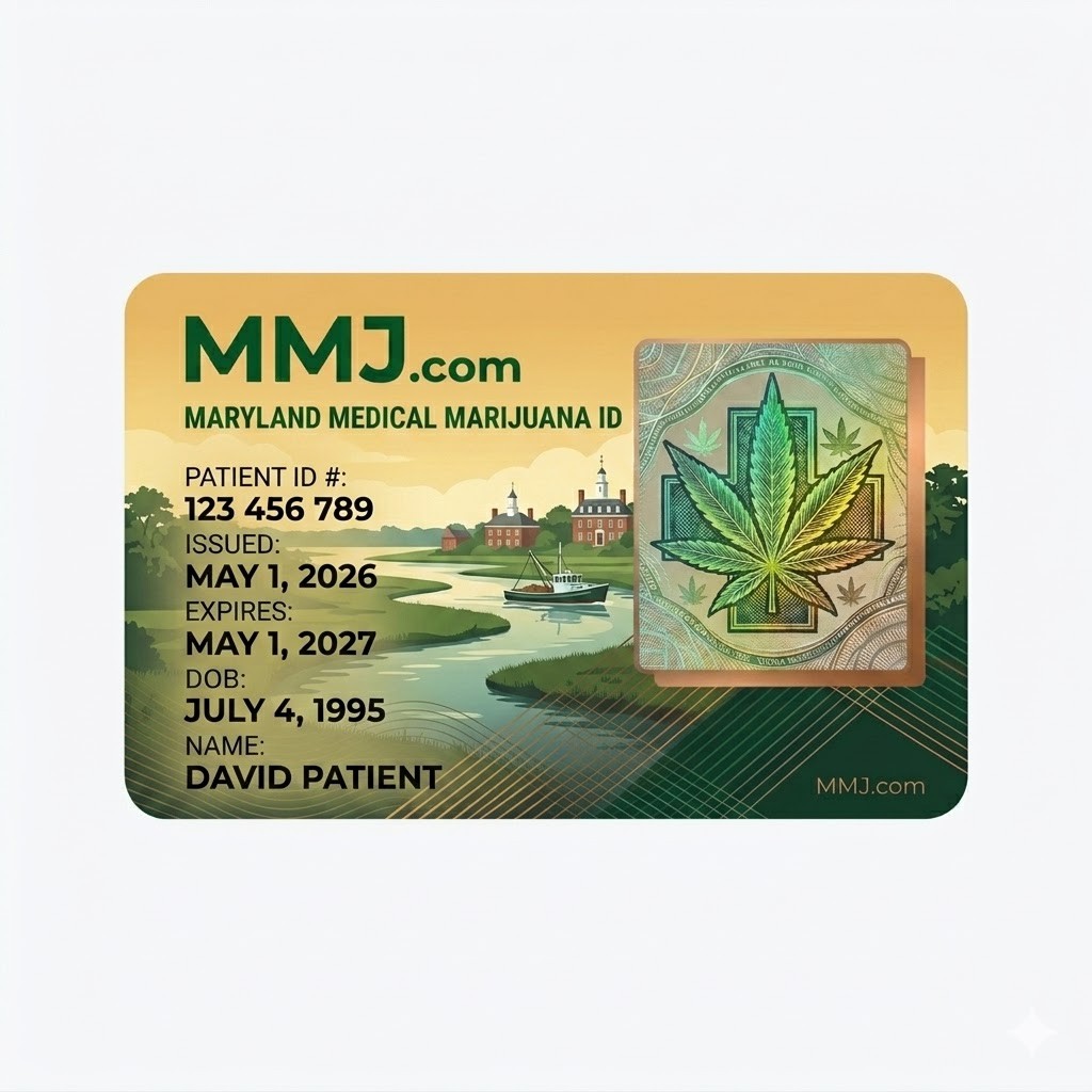 Sample illustration: Maryland medical marijuana card issued by MCA Sample illustration: Maryland medical marijuana card issued by MCA