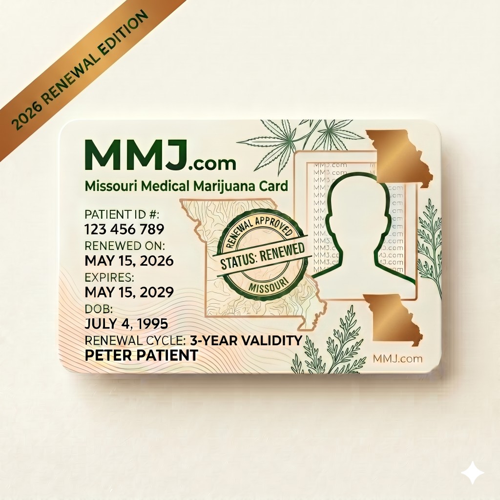 Sample illustration: Missouri medical marijuana card renewal issued by DHSS Sample illustration: Missouri medical marijuana card renewal issued by DHSS