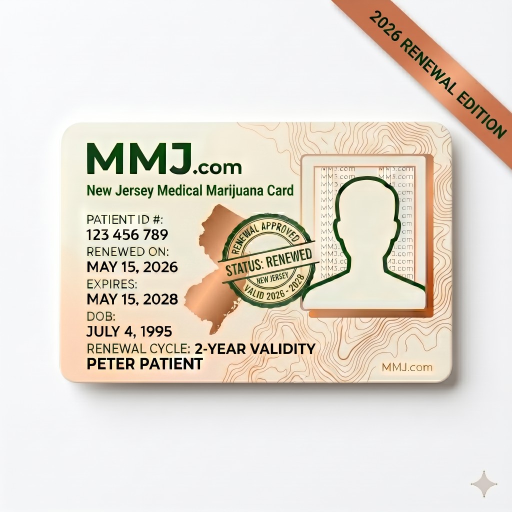 Sample illustration: New Jersey medical marijuana card renewal issued by NJ-CRC Sample illustration: New Jersey medical marijuana card renewal issued by NJ-CRC