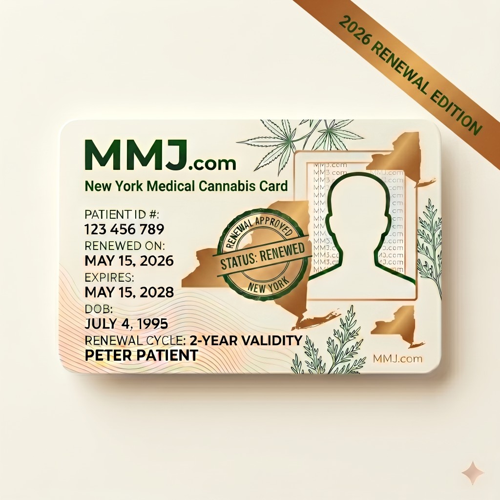 Sample illustration: New York medical marijuana card renewal issued by OCM Sample illustration: New York medical marijuana card renewal issued by OCM