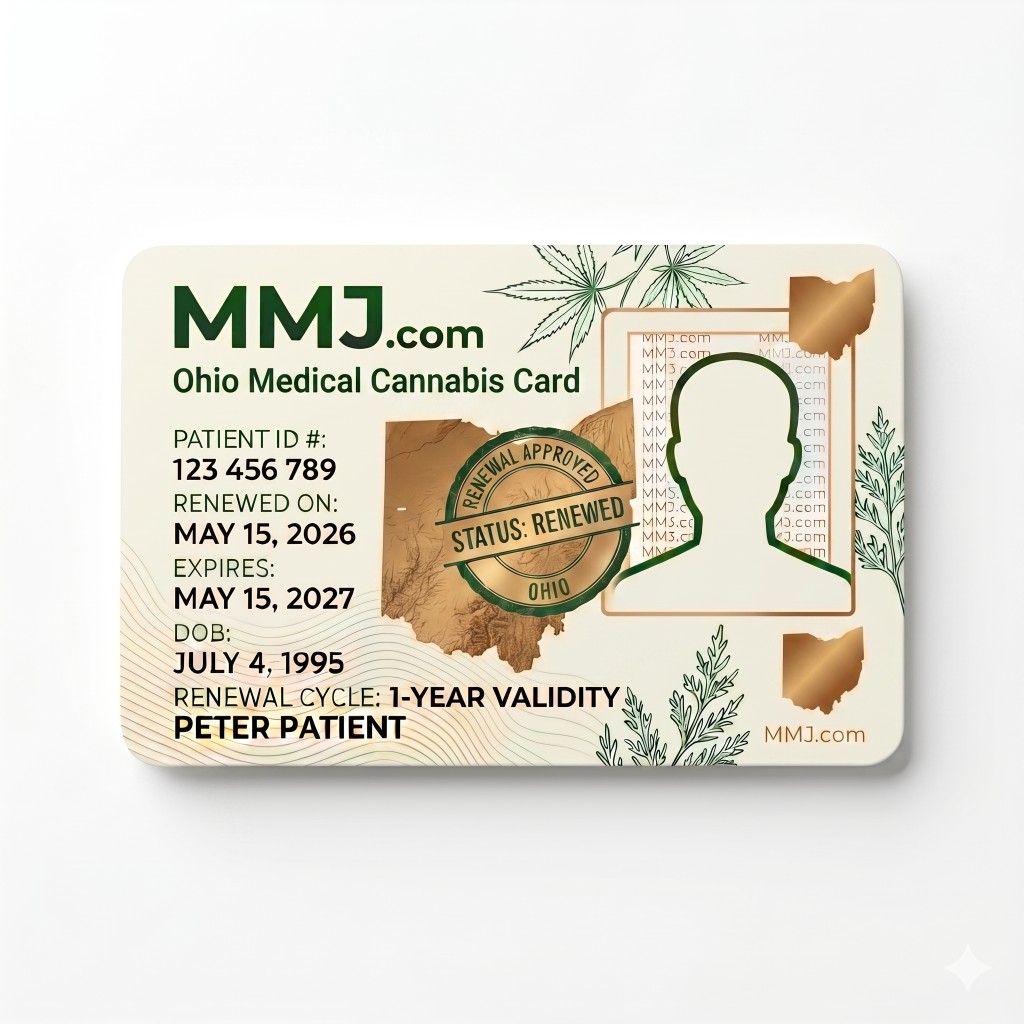 Sample illustration: Ohio medical marijuana card renewal issued by DCC Sample illustration: Ohio medical marijuana card renewal issued by DCC