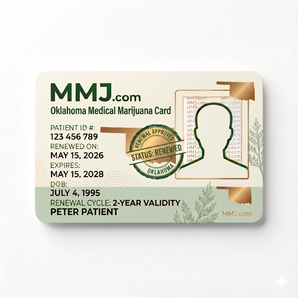 Sample illustration: Oklahoma medical marijuana card renewal issued by OMMA Sample illustration: Oklahoma medical marijuana card renewal issued by OMMA