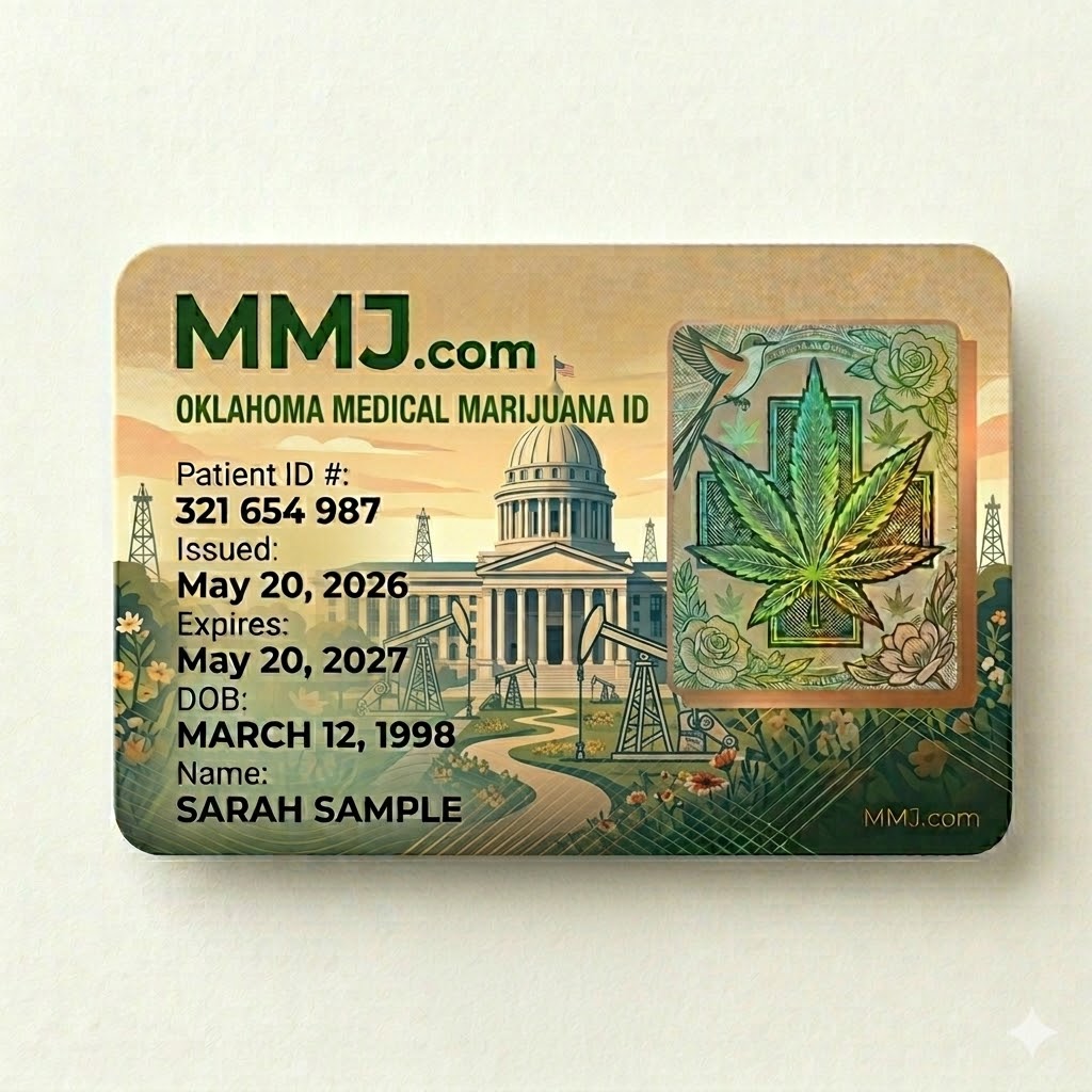 Sample illustration: Oklahoma medical marijuana card issued by OMMA Sample illustration: Oklahoma medical marijuana card issued by OMMA