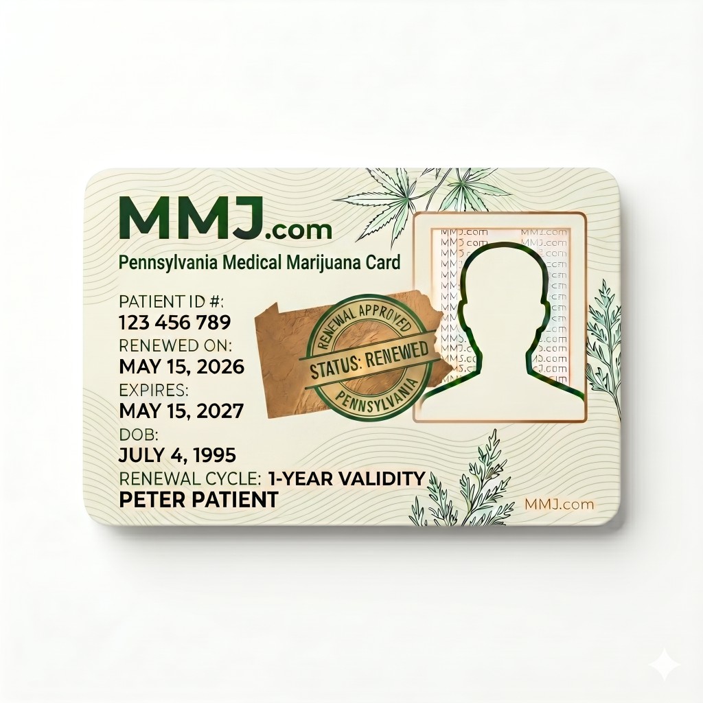 Sample illustration: Pennsylvania medical marijuana card renewal issued by DOH Sample illustration: Pennsylvania medical marijuana card renewal issued by DOH