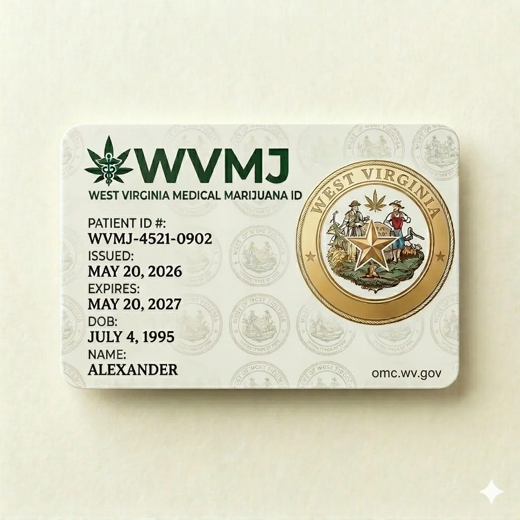 Sample illustration: West Virginia medical marijuana card issued by OMC Sample illustration: West Virginia medical marijuana card issued by OMC